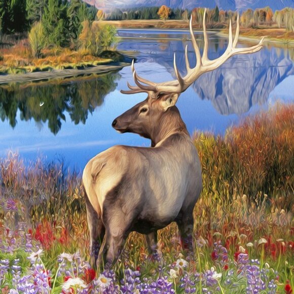 Majestic Landscape Elk Sunset Floral Wall Art‎ Watercolor Oil Painting Art Print - Picture 2 of 6